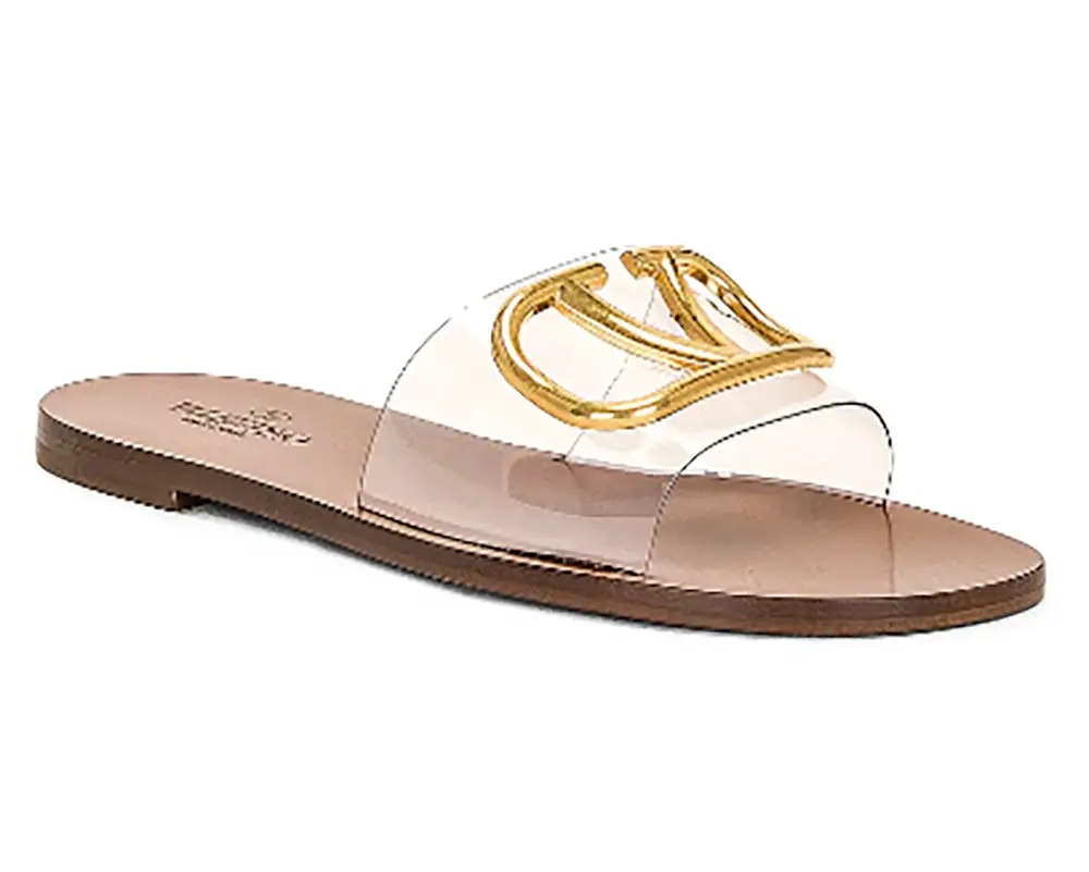 valentino slides womens designer sandals clear PVC gold logo