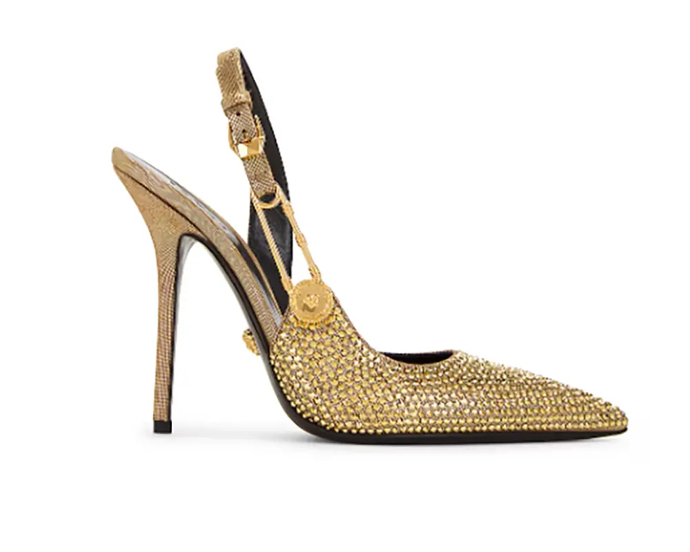FWRD shoes versace gold crystal heels