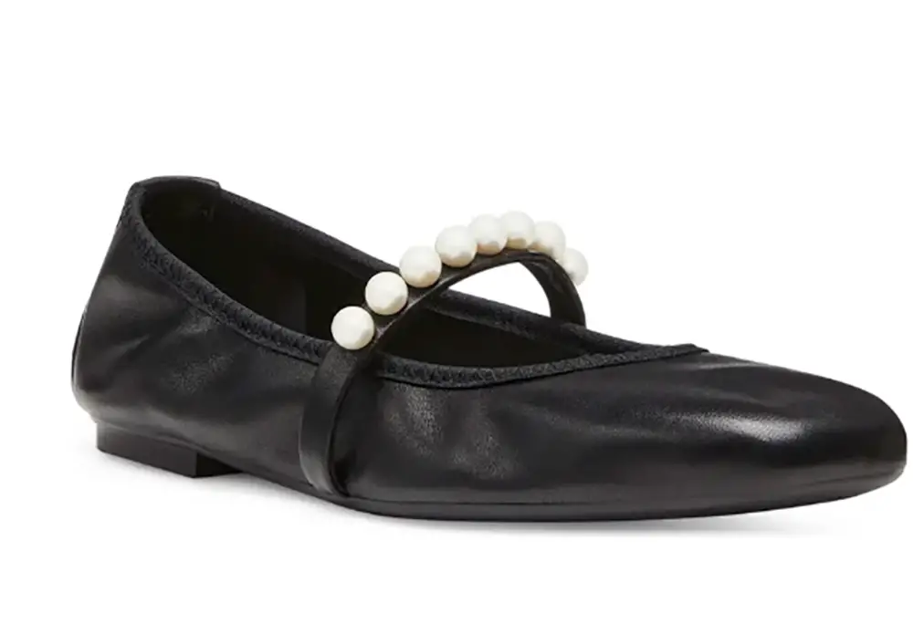 ballet flats womens black leather pearl strap