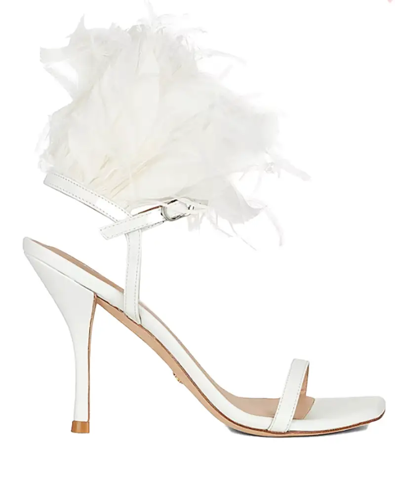 feather high heel sandals white strappy