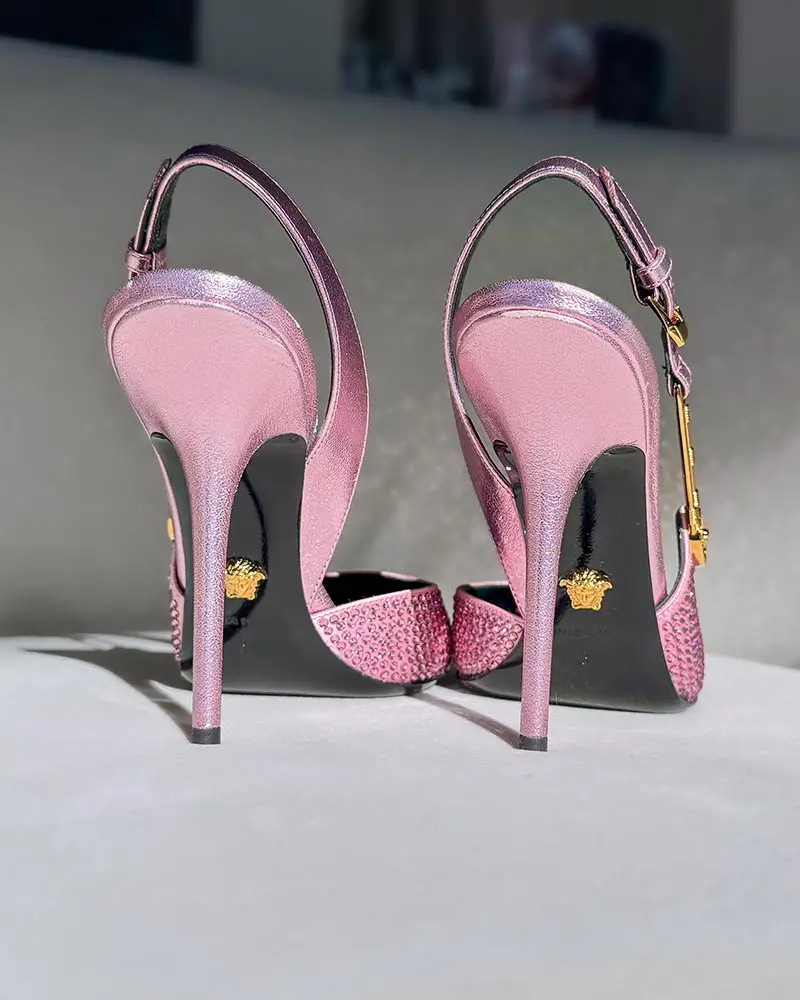 pink versace 110mm heels crystal gold safety pin