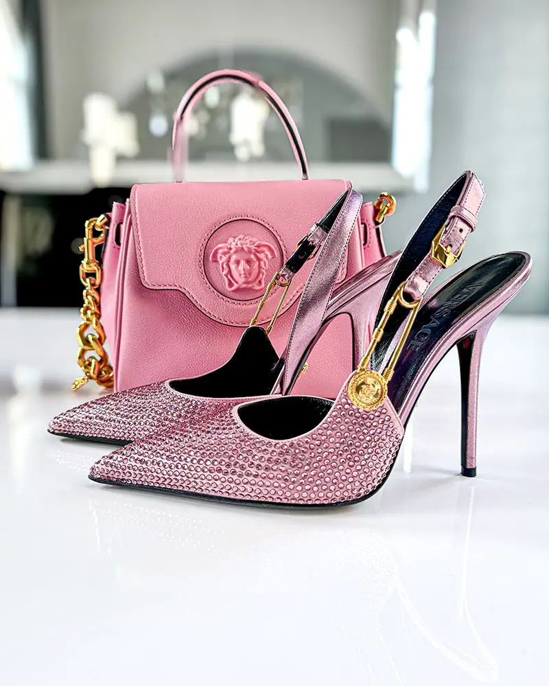 pink versace shoes matching la medusa bag