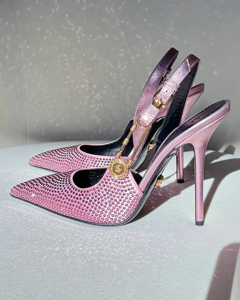 versace safety pin slingback heel pumps pink crystal
